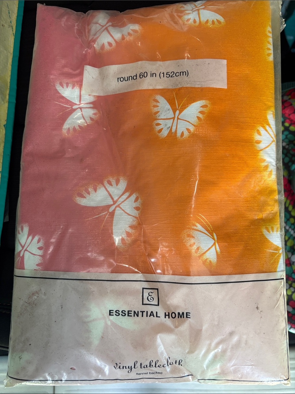 Essentials Round Butterfly Vinyl Tablecloth in Pink and Orange
